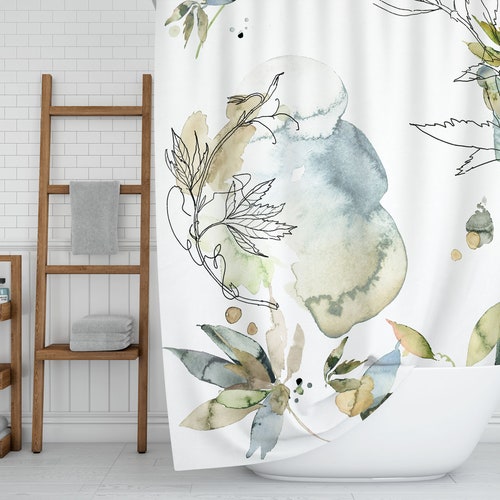 Boho Chic Shower Curtain Floral Dusty Blue Green One Line Etsy