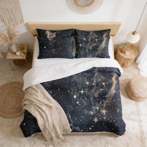 Boho-Bettbezug, abstraktes Marineblau, Beige-Goldene Sterne, Kosmisches Universum, Himmelsmotiv, Magische Schlafzimmerdekoration, Kingsize-, Queensize- und Einzelbettbezug