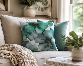 Blumen Kissenbezug: Sofa Couch Akzent Kissenbezug, Petrol Blau Botanisches Modernes Landhaus Bauernhaus Dekor Aquarell