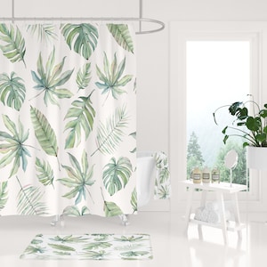 Tropical Floral Leaves Shower Curtain Bath Mat, Bath and Hand Towels, Luxury and Elegant Bathroom Set, Modern Floral Bathroom Decor