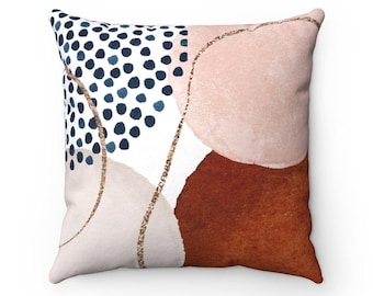 Abstract Pillow Cover, Navy Blue, Burnt Orange, Beige  Circles, Watercolor Shapes, Decorative Couch Pillowcase, Boho Chic Living Room Decor