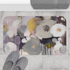 Rustic Bath Mat, Kitchen Mat | Retro Fade Grungy Neutral Earthy Grey Yellow White Brown Abstract Bathroom Rug | Unique Stylish Bath Mat