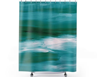 Abstract Boho Shower Curtain | Teal Blue Green Ombre Minimalist, Water Resistant Bathroom Curtain
