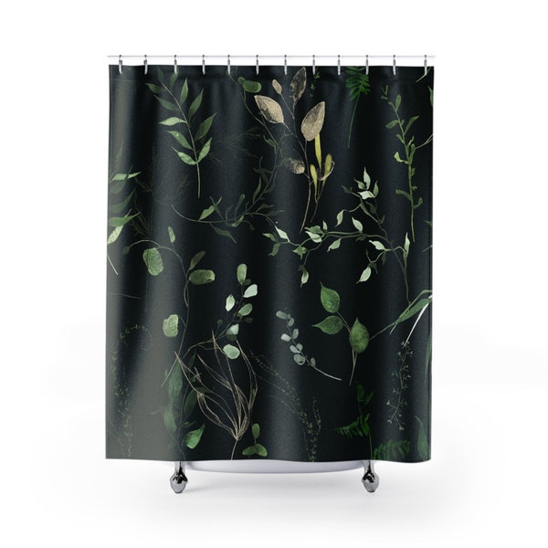 Boho Shower Curtain, Bath Mat, Bath and Hand Towel Set | Floral Jungle, Sage Green Black, Plant Nature | Modern Minimalist Bathroom Decor
