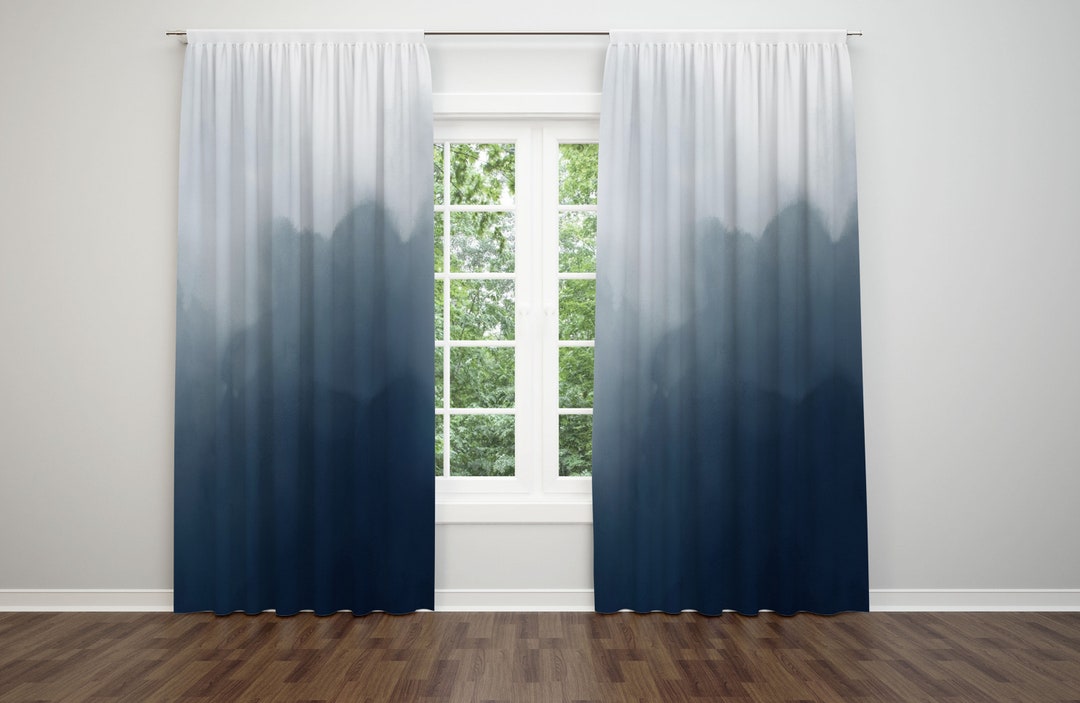 Boho Chic Window Curtains, Abstract Navy Blue Ombre, Blue Gray Ombre