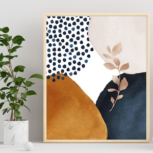 Boho Wall Decor Art Prints, Navy Blue, Rust Burnt Orange, Beige Floral Elegant Watercolor Minimalist Office, Vertical Horizontal Art