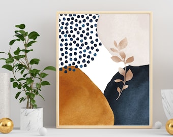 Boho Wall Decor Art Prints, Navy Blue, Rust Burnt Orange, Beige Floral Elegant Watercolor Minimalist Office, Vertical Horizontal Art
