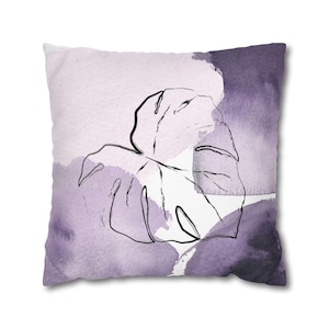 Abstract Throw Pillow Cover, Couch Cushion, Lavender Lilac Purple, Black Monsteral Leaf  Watercolor Modern Pillowcase 20x20 18x18 16x16