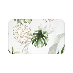 Floral Bath Mat, White Green and beige Tropical Monstera Leaves Bath Rug, Luxury and Elegant Bathroom Set, Modern Floral Bathroom Decor