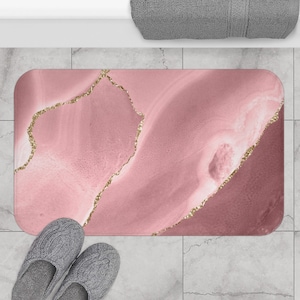 Modern abstract bath mat and rug, Blush Dusty Pink Agate Quartz, Marble Fancy Luxury in Watercolor Print Bathroom Decor