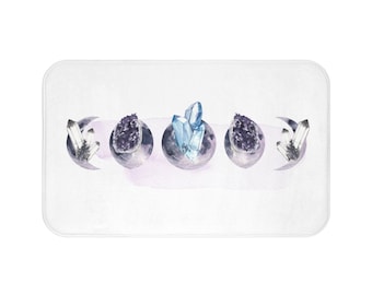 Bohemian Bath Mat, Galaxy Crystal Celestial Moon, Lavender Purple Blue, Exotic Watercolor, Cosmic Bathroom Decor