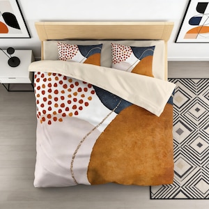 Abstract Duvet Cover, Boho Bedding, Navy Beige, Rust Burnt Orange, Geometric Gold Watercolor,Minimalist, Queen, King Duvet Bedroom Decor