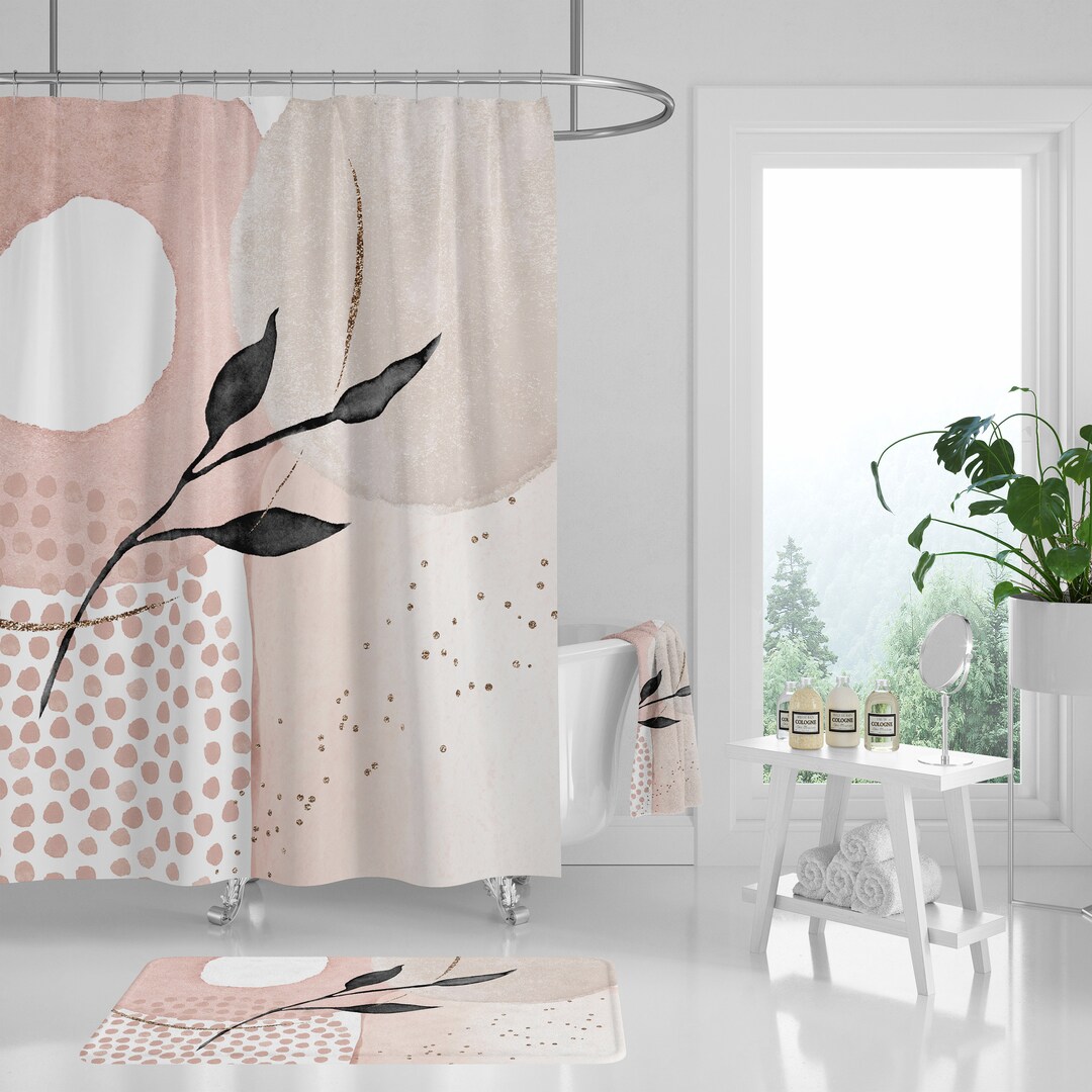 Boho Shower Curtain Pastel Blush Pink White Black Floral Etsy