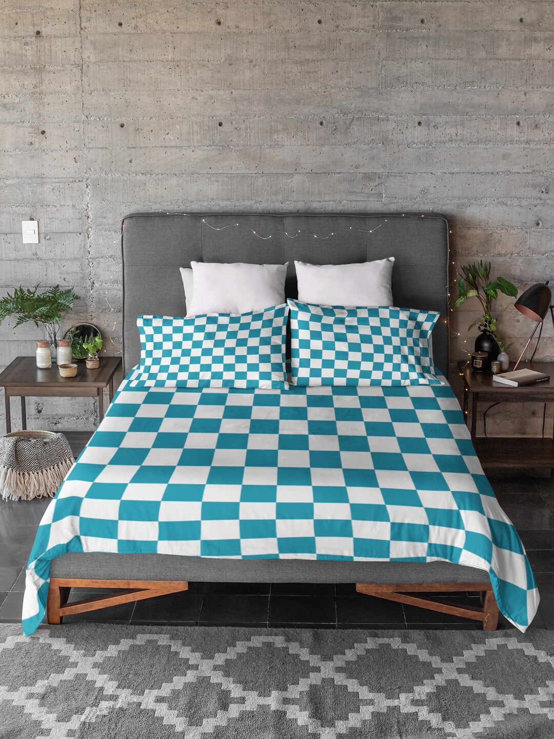 Checkered Duvet and Pillow Cover Mid Century Indigo Blue Etsy