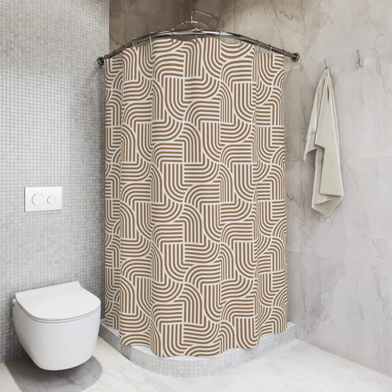 Abstract Art Deco Shower Curtain | Fabric Shower Curtain, Tan Beige White Geometric image 2