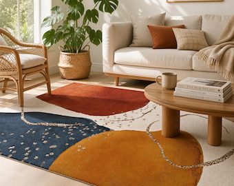 Boho Area Rug, Rust Burnt Orange Navy Beige, Abstract Color Block Rug