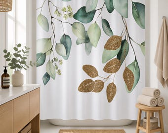 Boho Watercolor Eucalyptus Shower Curtain, Green Beige Leaves, Bathroom Decor