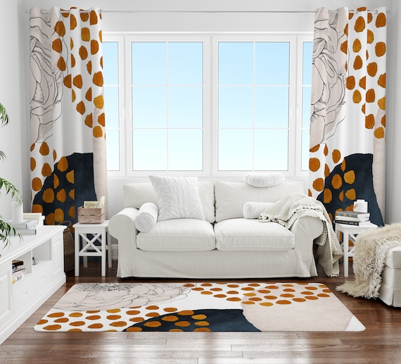 Boho Abstract Window Curtains Rust Burnt Orange Navy Cream