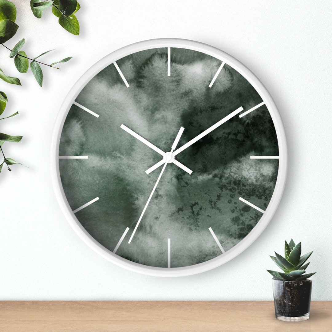 Wood Wall Clock, Moss Sage Green Black, Minimalist Kitchen, Living Room ...