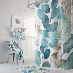Boho Shower Curtain| Floral Teal Green Blue Beige Leaves Bathroom | Watercolor Shabby Core Bathroom