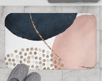 Abstract Art Bath Mat: Modern Navy, Blush & Gold Non-Slip Rug