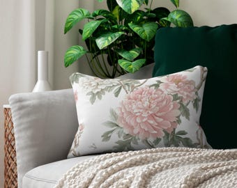 Boho Floral Lumbar Pillow | White Blush Pink Sage Green Chinoiserie