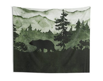 Boho Wall Hanging Tapestry, Forest Green, Woodland Spruce, Bear, Landscape Watercolor, Yellowstone Large Wall Tapestry