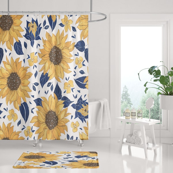 Boho Shower Curtain and Bath Mat Set, Sunflower bathroom set, yellow white and navy, Summer Floral botanical farmhouse bath set