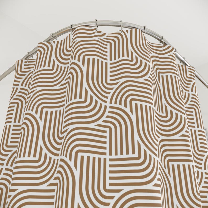 Abstract Art Deco Shower Curtain | Fabric Shower Curtain, Tan Beige White Geometric image 7