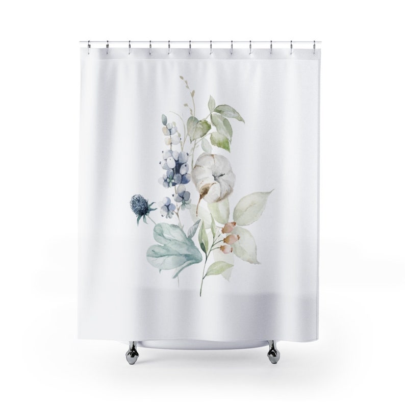 Fabric Shower Curtain Eucalyptus Cotton Flower Watercolor Etsy