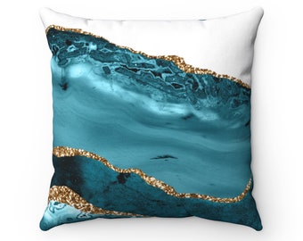 Abstract Throw Pillow Cover, Teal Blue Marble Couch Accent Pillowcase