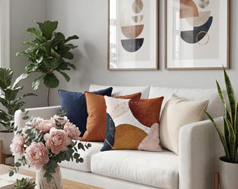 Abstract Pillow Cover, Navy Blue, Burnt Orange, Beige Pillowcase