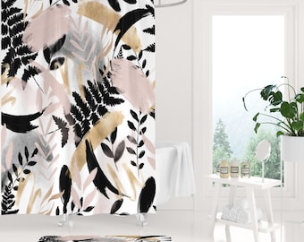 Boho Floral Shower Curtain Set: Abstract Botanical Bath Decor