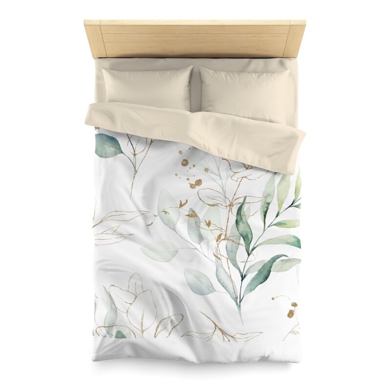 Duvet Cover Eucalyptus Leaves Green White Gold Watercolor Etsy