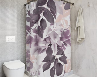 Fabric Boho Shower Curtain | Lavender Violet Lilac Purple, White Blush Pink Tropical Eucalyptus, Leaves Bath Curtain |Plant Bathroom Curtain