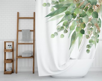 Floral, Boho Shower Curtains, White and Green, Eucalyptus Leaves, Minimalist Farmhouse, Water Resistant, Plant Tree Lovers, Bath Set