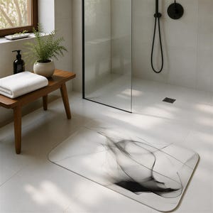 Boho Bath Mat | Black Grey Line Art, Minimalist Watercolor Bathroom Rug