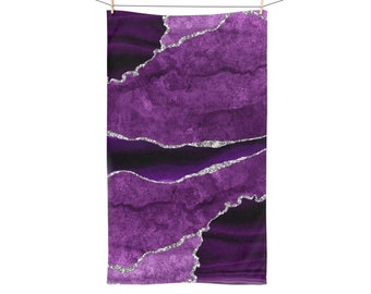 Hand Towel, Deep Purple, Lilac Violet, Gray Silver Marble Agate Quartz Fancy Luxury, Watercolor Print, Kitchen, Bathroom Spa Gym Towel