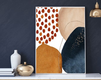Abstract Art Print Wall Decor, Rust Burnt Orange, Copper, Navy Gold, Geometric Color Blocks in Watercolor, Modern, Minimalist, Zen Bedroom