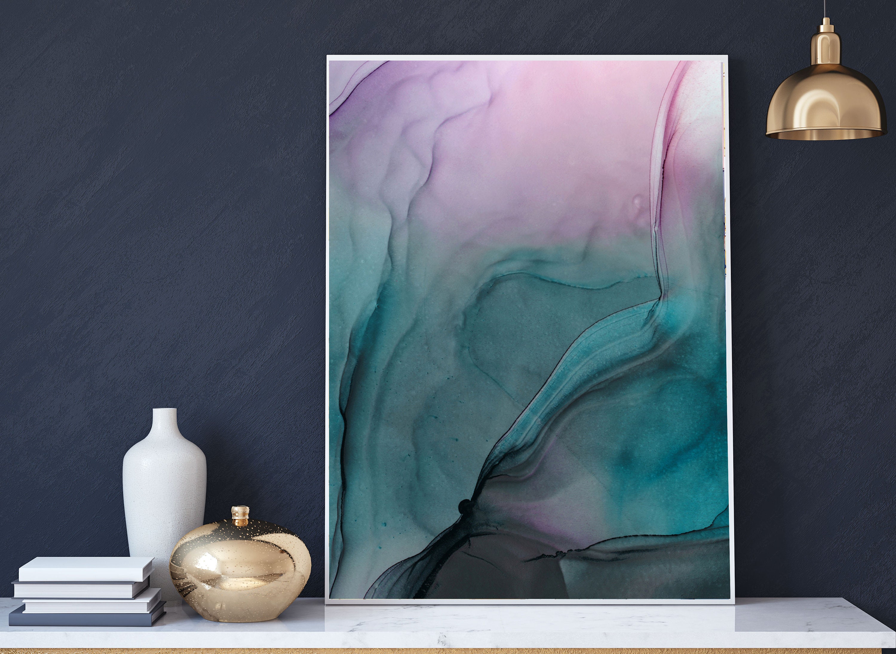 Abstract Wall Decor Print Teal Lavender Lilac Ink Print Etsy