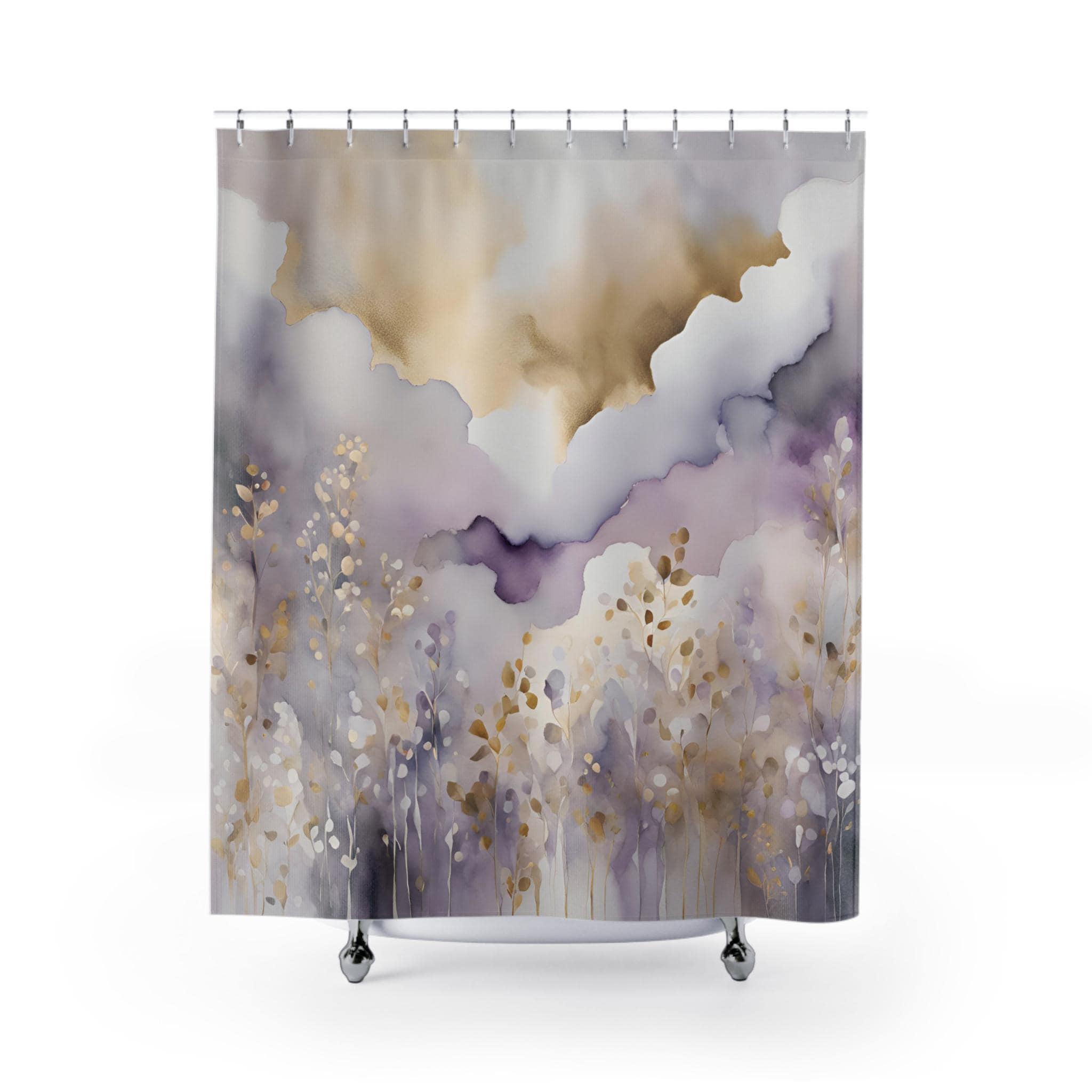 Abstract FabricShower Curtain | Stylish Lavender Purple, Grey Taupe Beige White Floral Clouds, Ombre Modern Elegant Shower Curtain