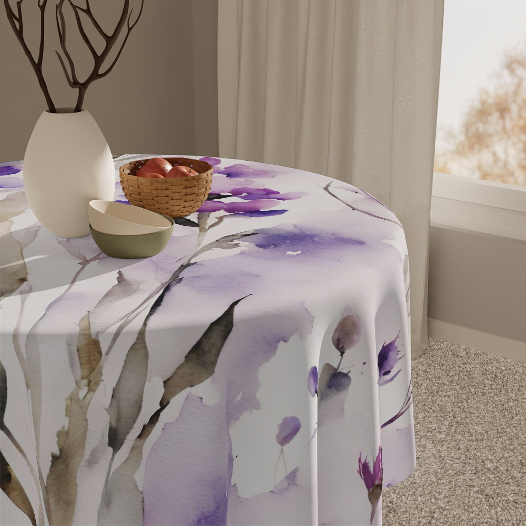 Square Tablecloth | Abstract Floral, Retro Vintage, Wildflower Watercolor, Lavender Purple Flowers | 55 x 55 Inches | Square, Round Tables