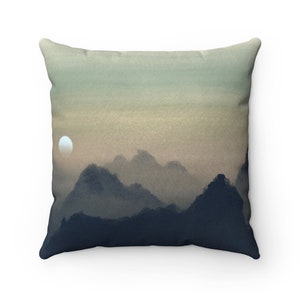 Boho Throw Pillow Cover, Abstract Landscape, Nature Brown Blue, Green, Hills Mountains, Ombre, Fall Decor, Bohemian Decorative Pillowcase
