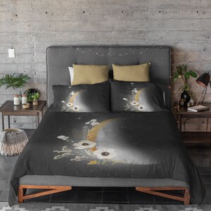 Floral Duvet, Pillow Cover, Bedding Set, Dark Black Gray Night Sky Moon, Shining Star, Celestial Watercolor, King Queen Standard Bedroom