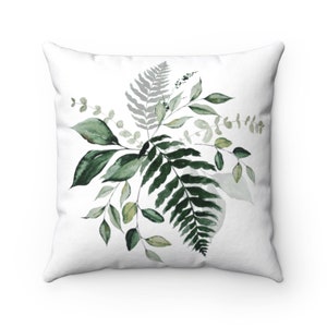 Floral Pillow Covers, Eucalyptus Leaves, Forest Sage Green White, Jungle Palm, Fern Tropical, Fancy Decorative Couch, Accent  Pillowcase