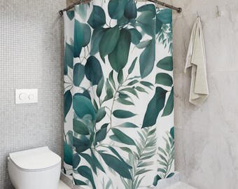 Fabric Boho Shower Curtain | Teal Sage Green, Aqua, White Blush Pink Tropical Eucalyptus Leaves Bath Curtain |Plant Bathroom Curtain