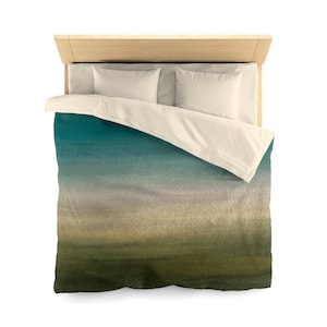 Abstract, Boho Duvet Cover, Teal Forest Green, Ombre Gradient Watercolor, Minimalist, Bedroom Decor, Queen Standard Bedding