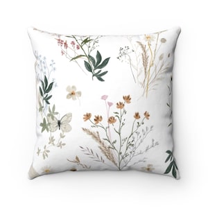 Pillow Cover, Beige Green Wild Flowers, Garden Botanicals, Farmhouse | Country Home Decor, Simple Elegant Decorative Pillow Cover