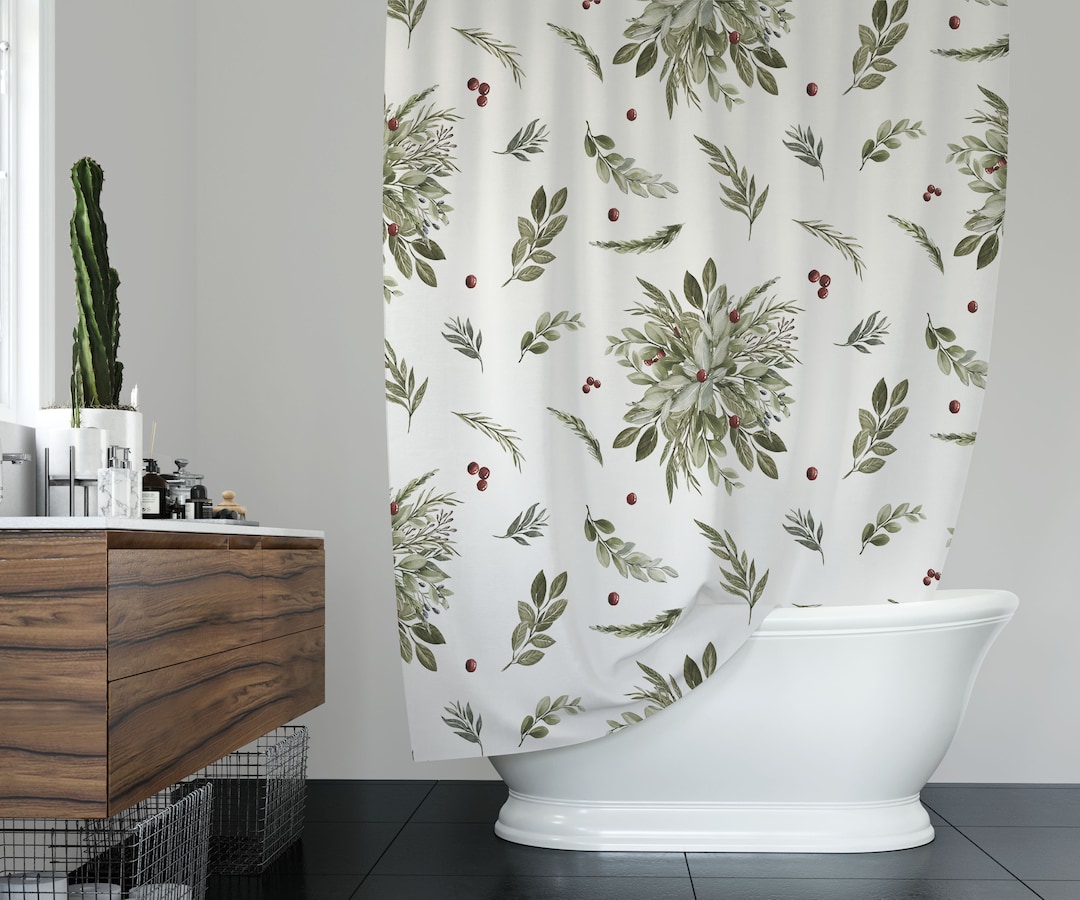 Fabric Shower Curtain, Olive Green Leaves, Floral Botanical Watercolor