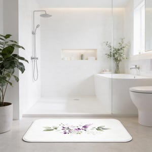 Boho Bath Mat, Kitchen Mat | Lavender Floral, Sage Green Leaves, White Cottagecore Bathroom Rug | Watercolor Minimalist, Farmhouse Decor